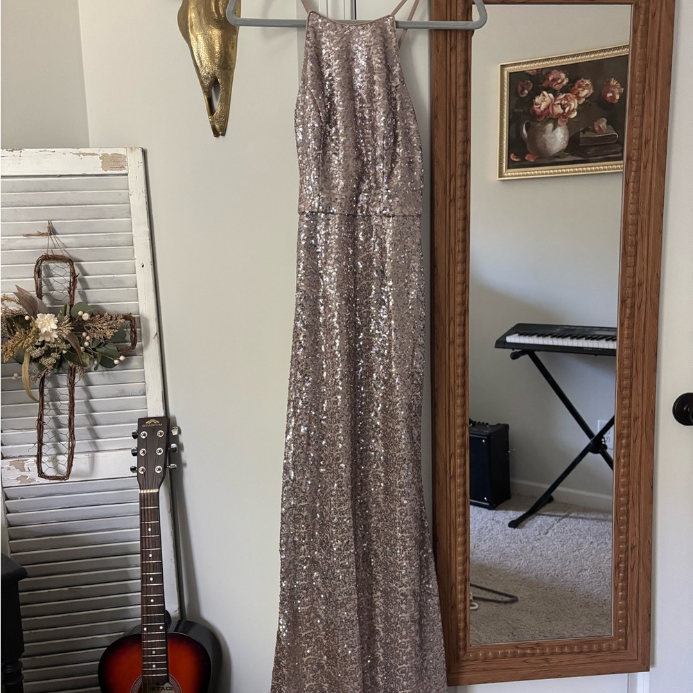 David's Bridal Sparkling Sequin Gown - Silver